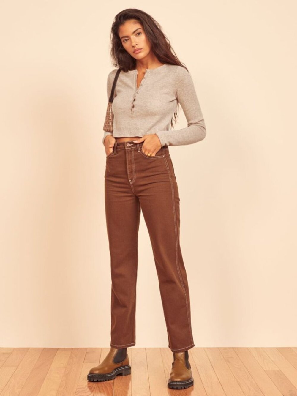 REFORMATION Heather Oatmeal 100% Cashmere Knit Cropped Henley Sweater, Size S